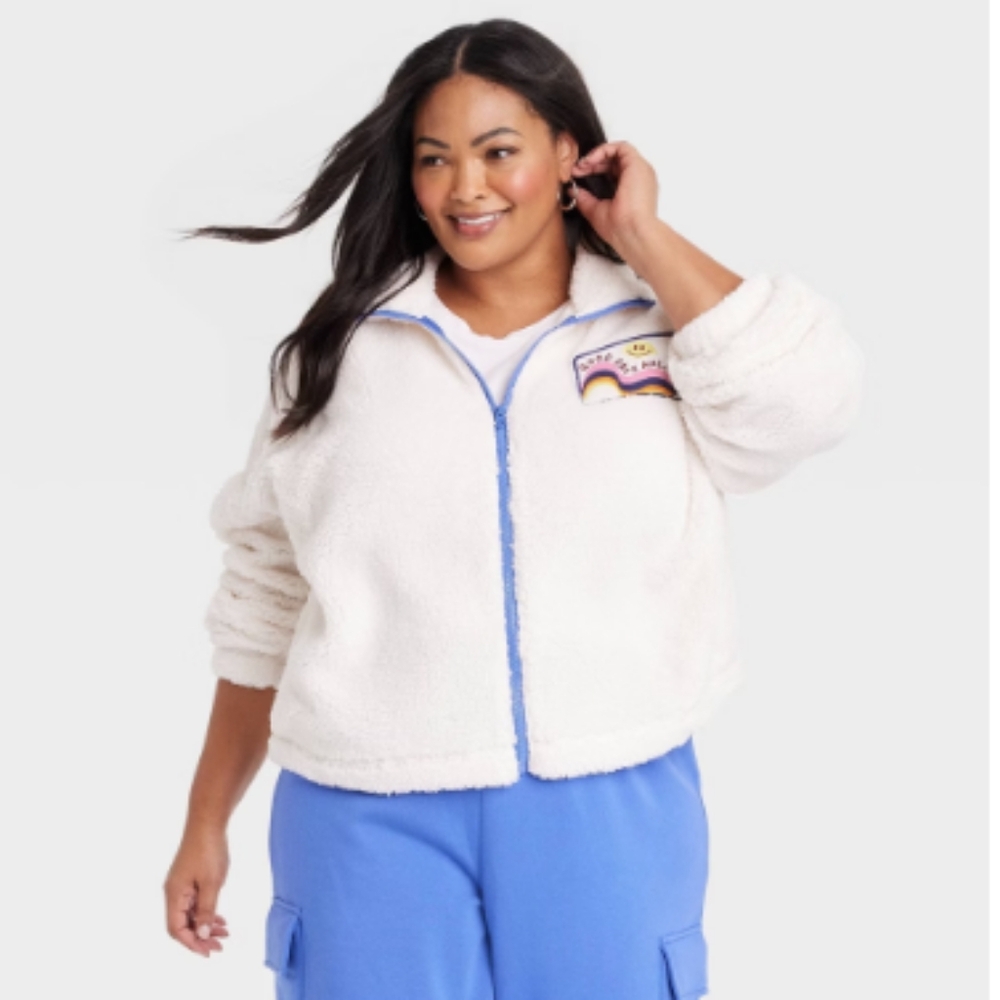 NEW! Women's Graphic Faux-Fur Zip-Up Jacket "Good Days Ahead" Plus Size